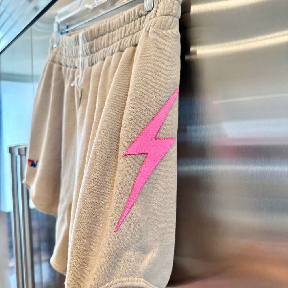 NWT Aviator Nation Bolt Stitch Lounger Short in Beige Tan Sand / Neon Pink - Picture 5 of 10